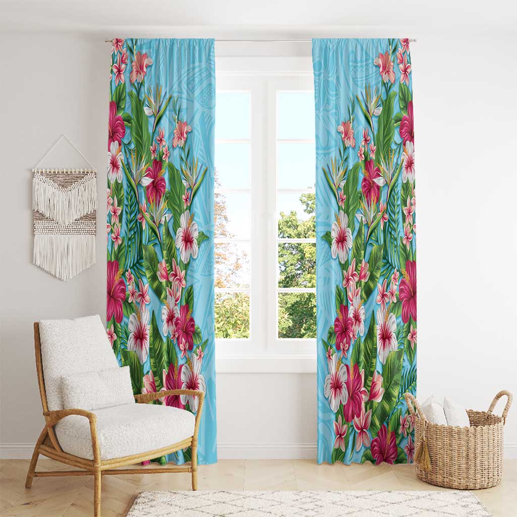 Hawaii Tropical Flowers Window Curtain Sky Blue Polynesian Tattoo Art LT05 - Polynesian Pride