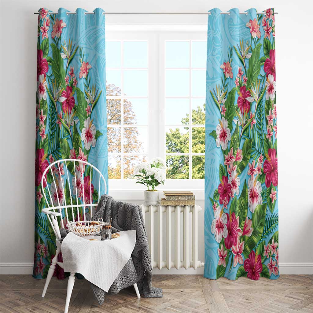 Hawaii Tropical Flowers Window Curtain Sky Blue Polynesian Tattoo Art LT05 - Polynesian Pride