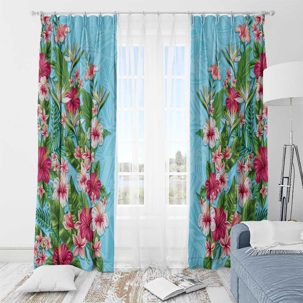 Hawaii Tropical Flowers Window Curtain Sky Blue Polynesian Tattoo Art LT05 - Polynesian Pride