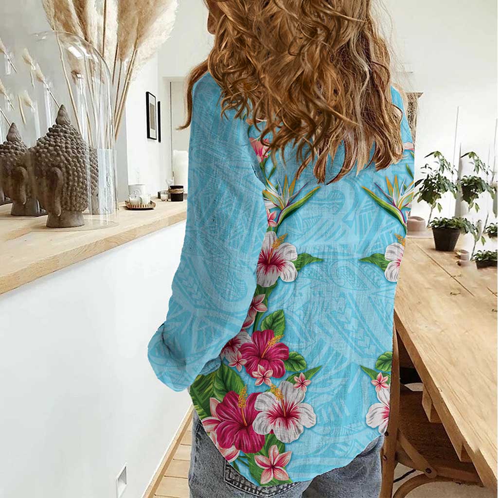 Hawaii Tropical Flowers Women Casual Shirt Sky Blue Polynesian Tattoo Art LT05 - Polynesian Pride