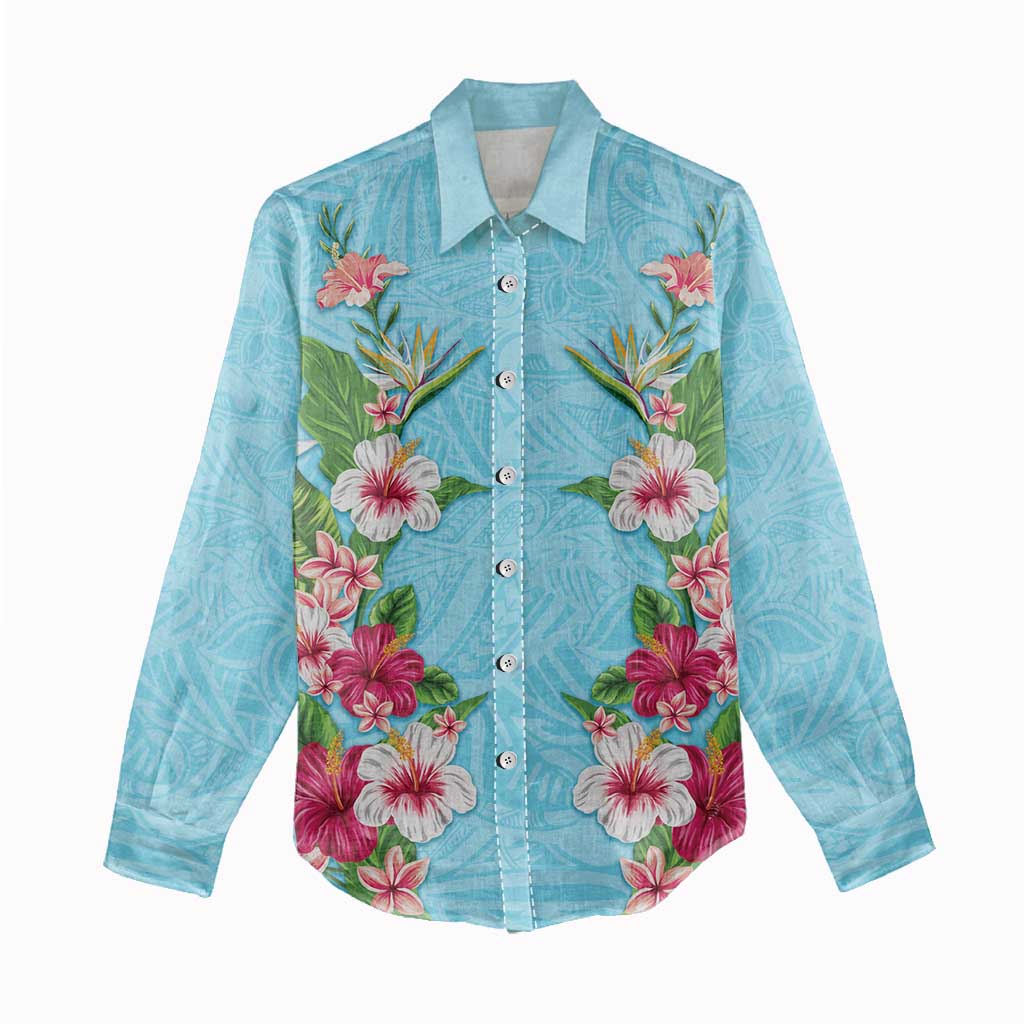 Hawaii Tropical Flowers Women Casual Shirt Sky Blue Polynesian Tattoo Art LT05 - Polynesian Pride