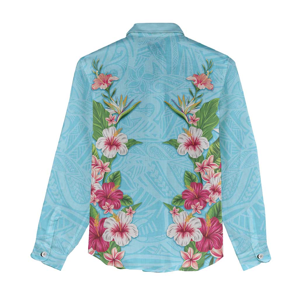 Hawaii Tropical Flowers Women Casual Shirt Sky Blue Polynesian Tattoo Art LT05 - Polynesian Pride