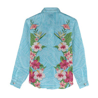 Hawaii Tropical Flowers Women Casual Shirt Sky Blue Polynesian Tattoo Art LT05 - Polynesian Pride
