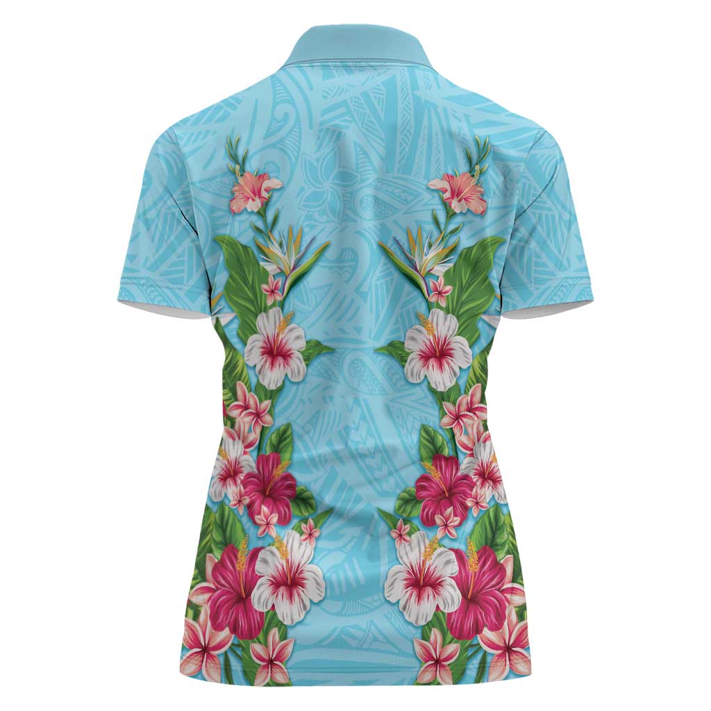 Hawaii Tropical Flowers Women Polo Shirt Sky Blue Polynesian Tattoo Art LT05 - Polynesian Pride