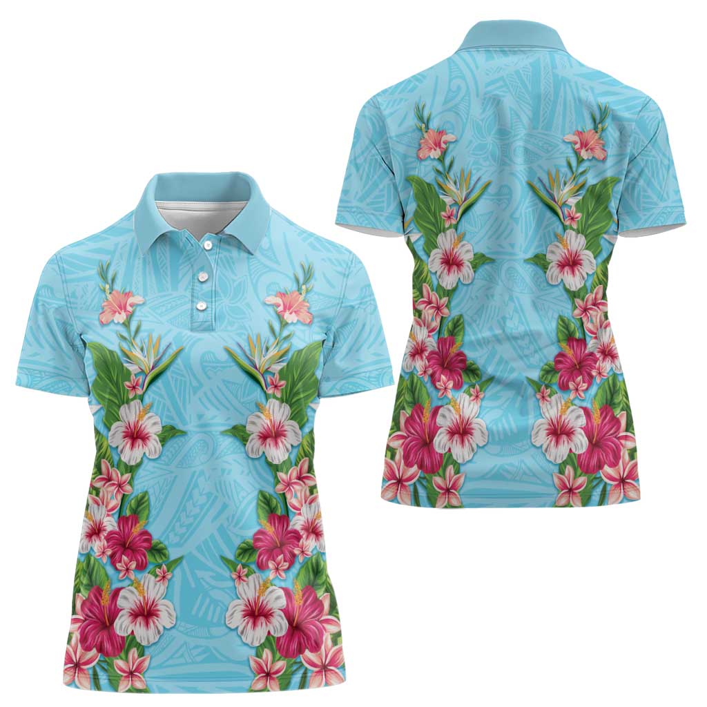 Hawaii Tropical Flowers Women Polo Shirt Sky Blue Polynesian Tattoo Art LT05 - Polynesian Pride