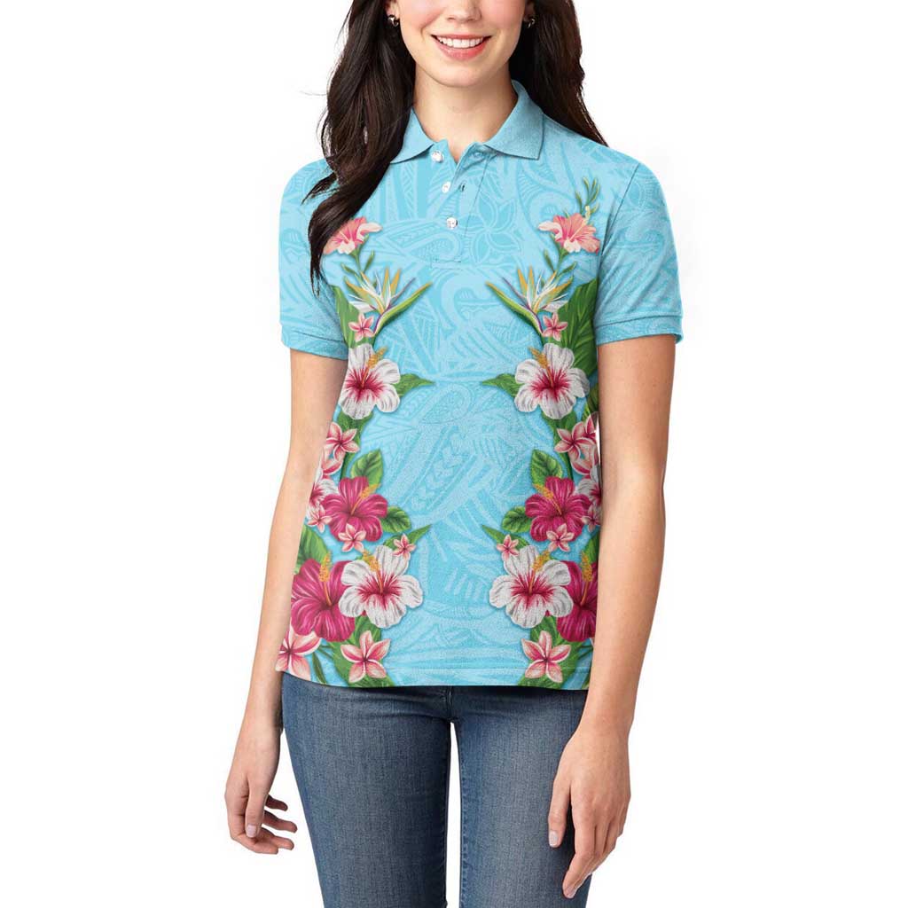 Hawaii Tropical Flowers Women Polo Shirt Sky Blue Polynesian Tattoo Art LT05 - Polynesian Pride