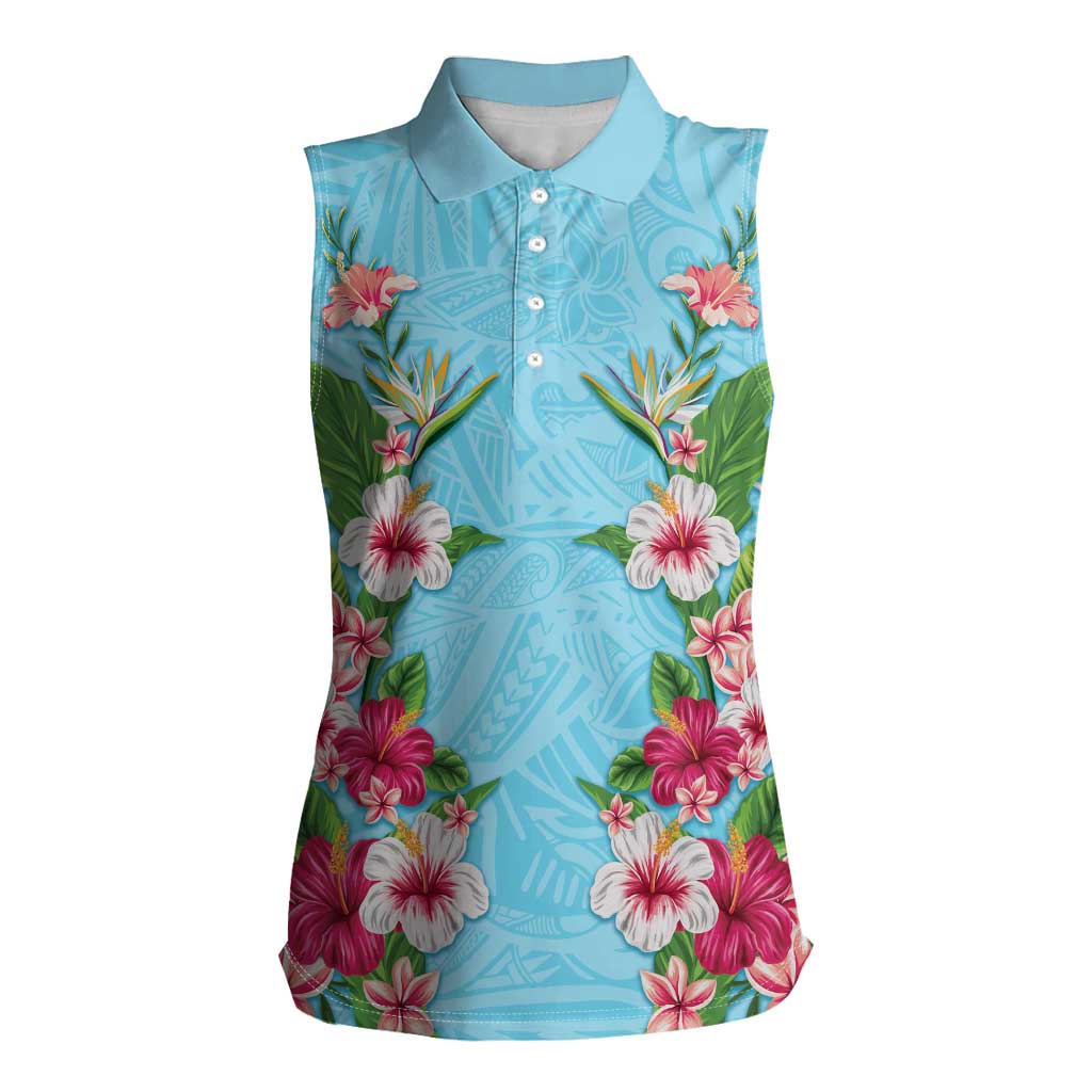Hawaii Tropical Flowers Women Sleeveless Polo Shirt Sky Blue Polynesian Tattoo Art LT05 Female Blue - Polynesian Pride