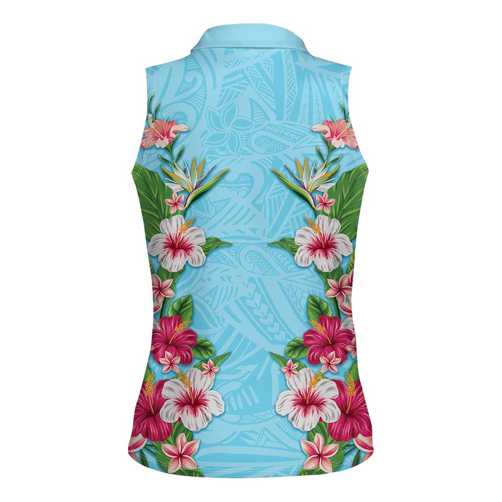 Hawaii Tropical Flowers Women Sleeveless Polo Shirt Sky Blue Polynesian Tattoo Art LT05 - Polynesian Pride