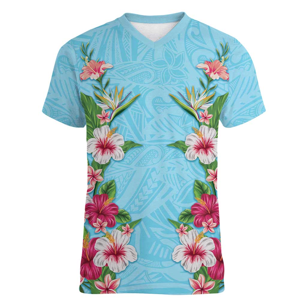 Hawaii Tropical Flowers Women V-Neck T-Shirt Sky Blue Polynesian Tattoo Art LT05 Female Blue - Polynesian Pride