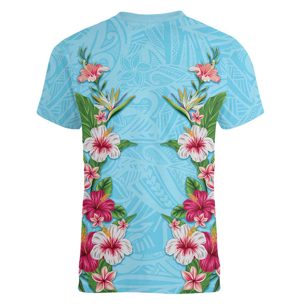 Hawaii Tropical Flowers Women V-Neck T-Shirt Sky Blue Polynesian Tattoo Art LT05 - Polynesian Pride