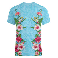Hawaii Tropical Flowers Women V-Neck T-Shirt Sky Blue Polynesian Tattoo Art LT05 - Polynesian Pride
