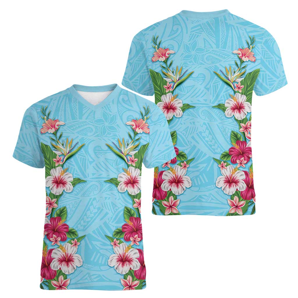 Hawaii Tropical Flowers Women V-Neck T-Shirt Sky Blue Polynesian Tattoo Art LT05 - Polynesian Pride