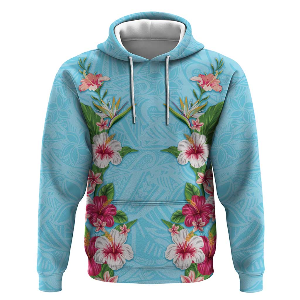 Hawaii Tropical Flowers Zip Hoodie Sky Blue Polynesian Tattoo Art LT05 Pullover Hoodie Blue - Polynesian Pride