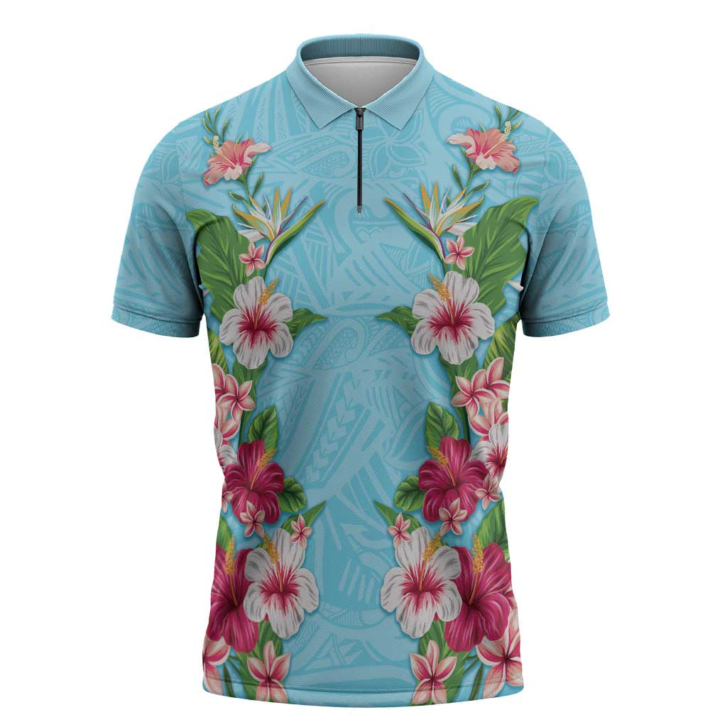 Hawaii Tropical Flowers Zipper Polo Shirt Sky Blue Polynesian Tattoo Art LT05 Blue - Polynesian Pride