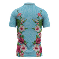 Hawaii Tropical Flowers Zipper Polo Shirt Sky Blue Polynesian Tattoo Art LT05 - Polynesian Pride