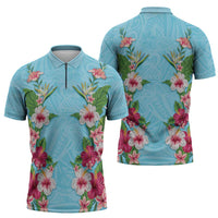 Hawaii Tropical Flowers Zipper Polo Shirt Sky Blue Polynesian Tattoo Art LT05 - Polynesian Pride