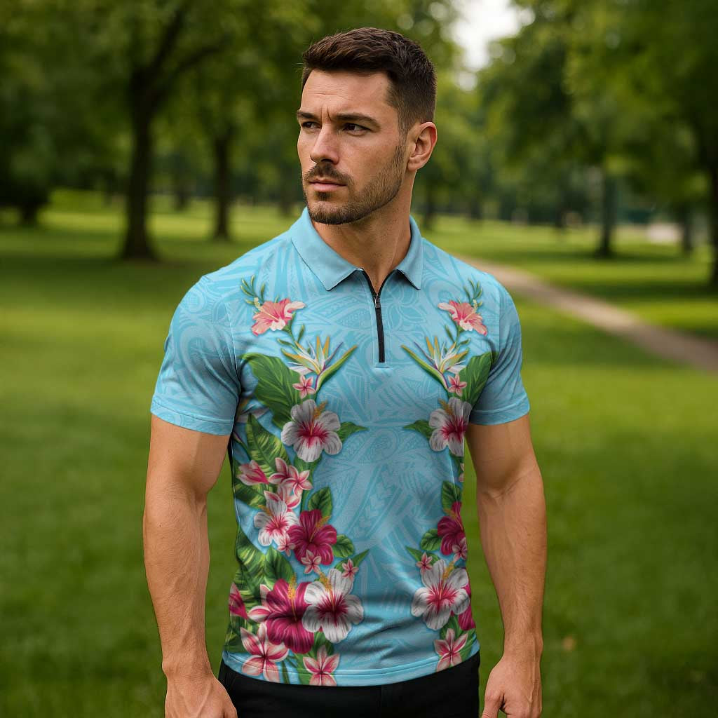 Hawaii Tropical Flowers Zipper Polo Shirt Sky Blue Polynesian Tattoo Art LT05 - Polynesian Pride