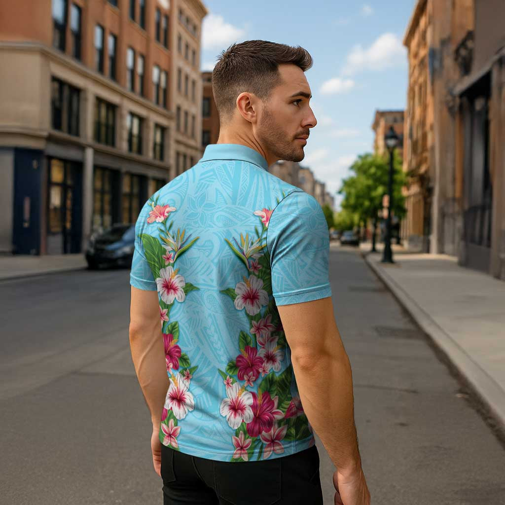 Hawaii Tropical Flowers Zipper Polo Shirt Sky Blue Polynesian Tattoo Art LT05 - Polynesian Pride