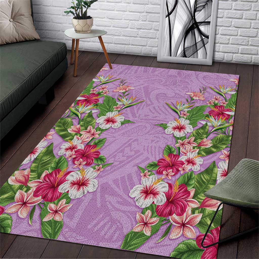 Hawaii Tropical Flowers Area Rug Lavender Polynesian Tattoo Art