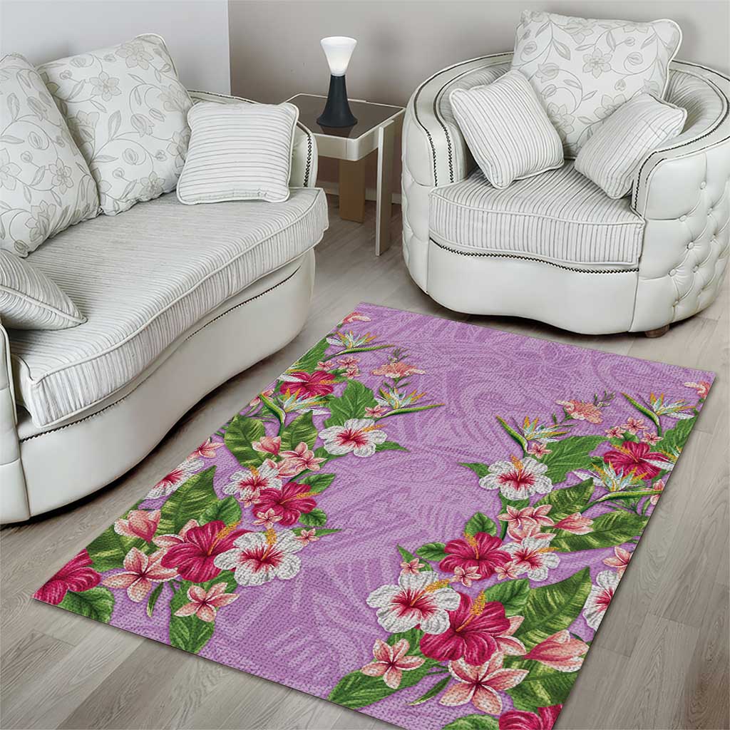 Hawaii Tropical Flowers Area Rug Lavender Polynesian Tattoo Art