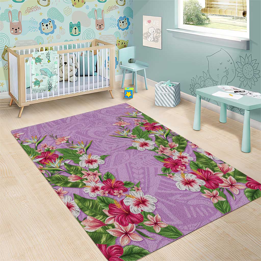 Hawaii Tropical Flowers Area Rug Lavender Polynesian Tattoo Art