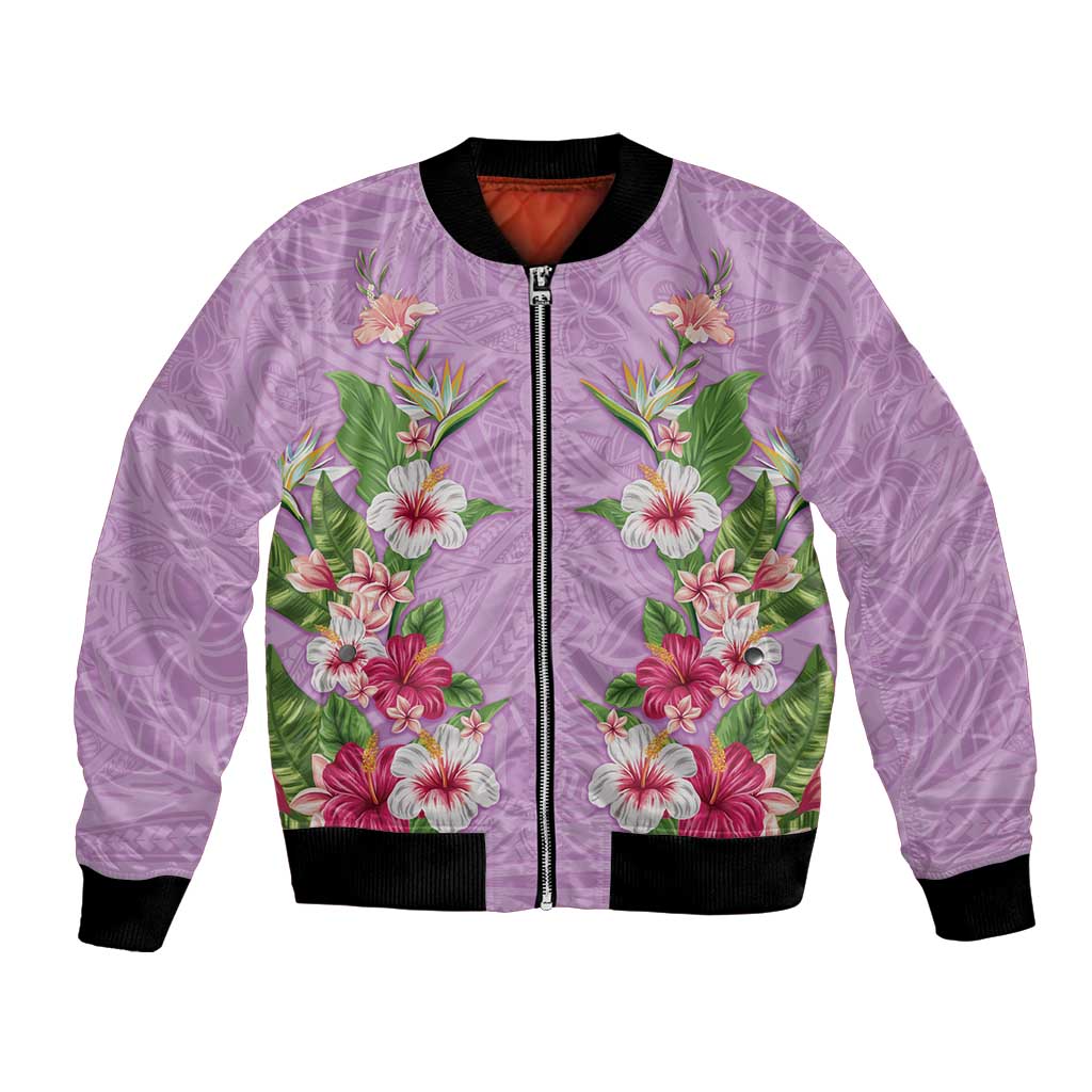 Hawaii Tropical Flowers Bomber Jacket Lavender Polynesian Tattoo Art LT05 Unisex Lavender - Polynesian Pride