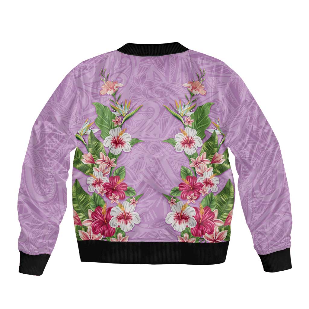 Hawaii Tropical Flowers Bomber Jacket Lavender Polynesian Tattoo Art LT05 - Polynesian Pride