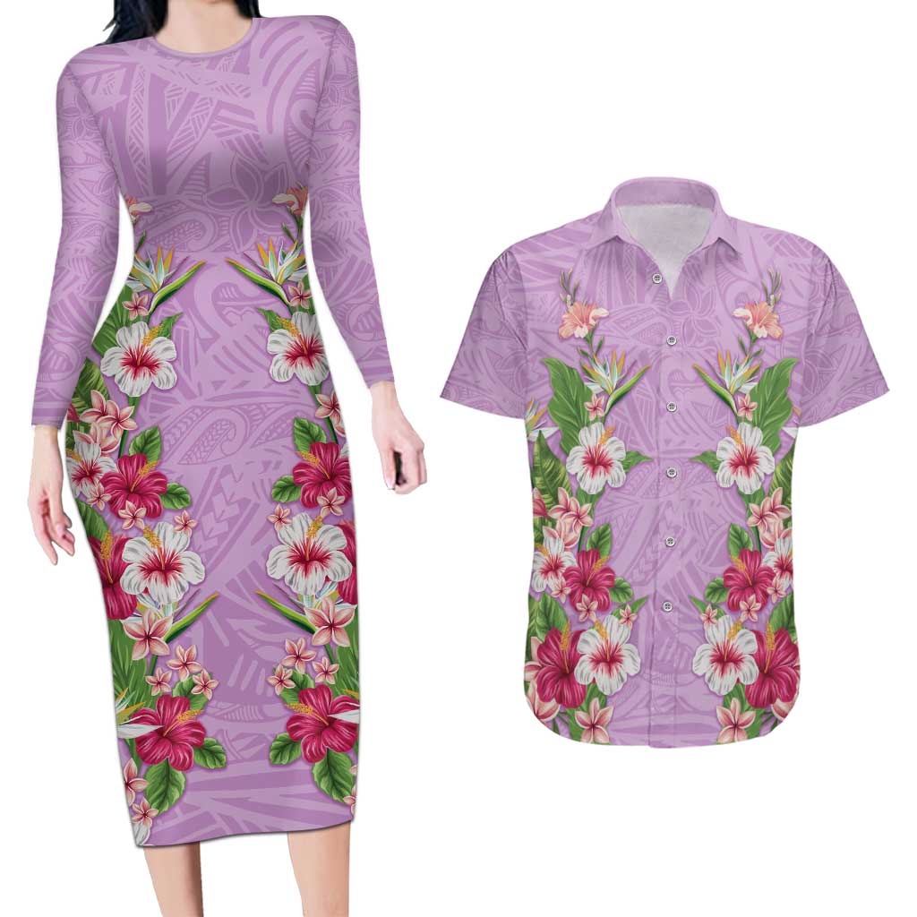 Hawaii Tropical Flowers Couples Matching Long Sleeve Bodycon Dress and Hawaiian Shirt Lavender Polynesian Tattoo Art