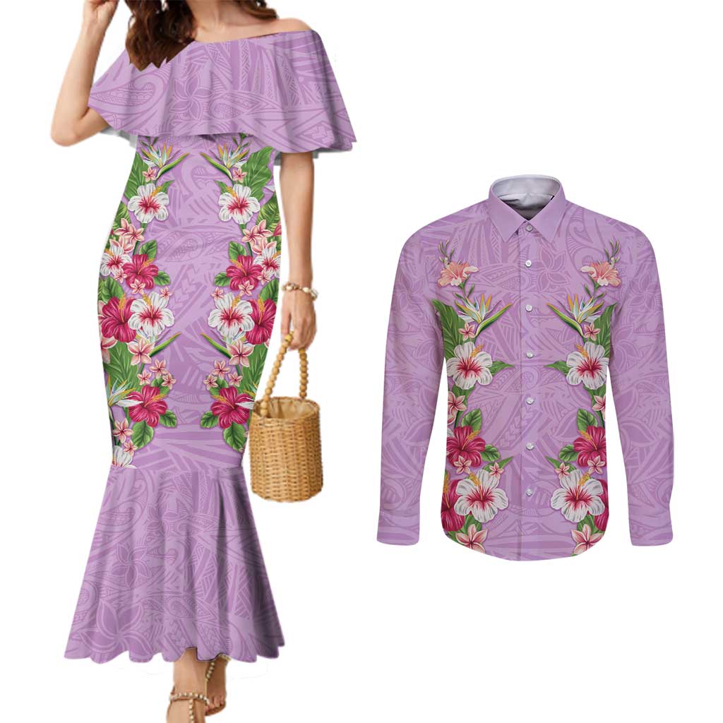 Hawaii Tropical Flowers Couples Matching Mermaid Dress and Long Sleeve Button Shirt Lavender Polynesian Tattoo Art LT05 Lavender - Polynesian Pride