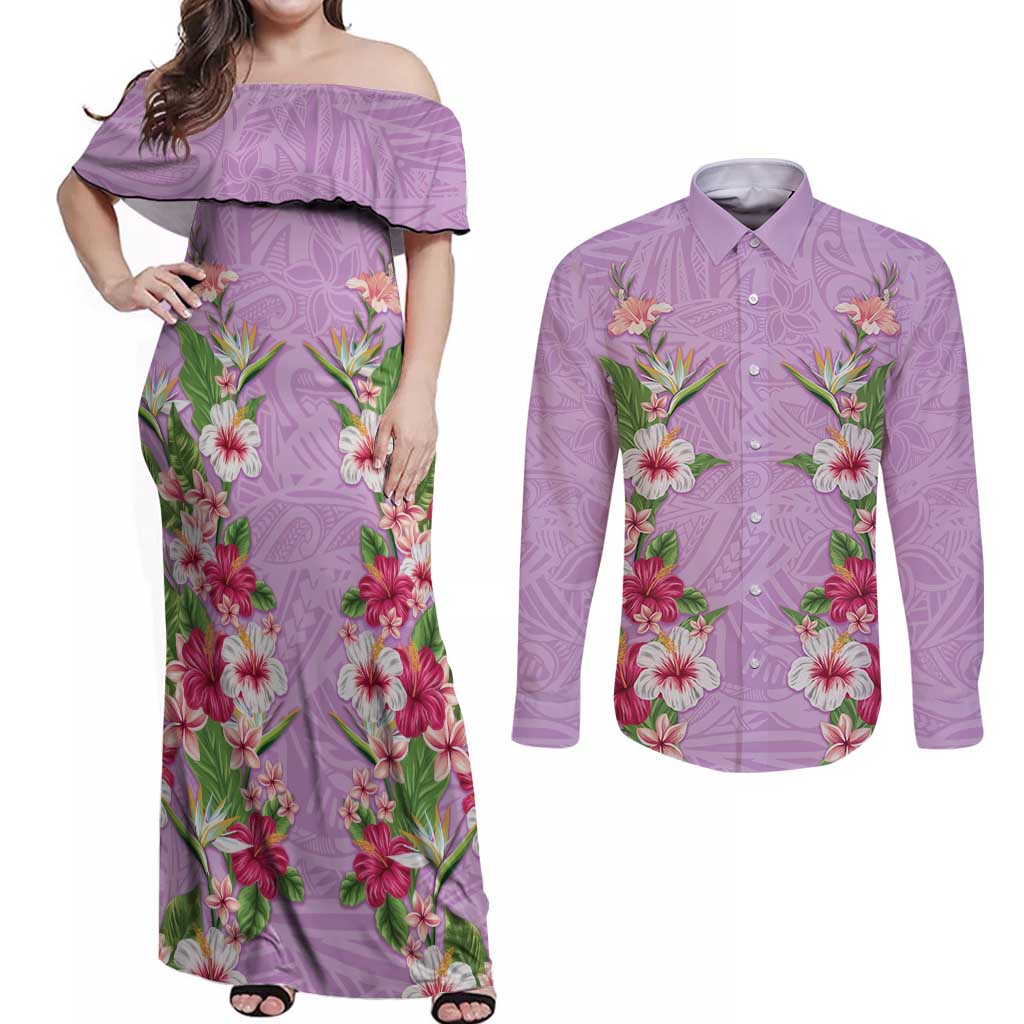 Hawaii Tropical Flowers Couples Matching Off Shoulder Maxi Dress and Long Sleeve Button Shirt Lavender Polynesian Tattoo Art LT05 Lavender - Polynesian Pride