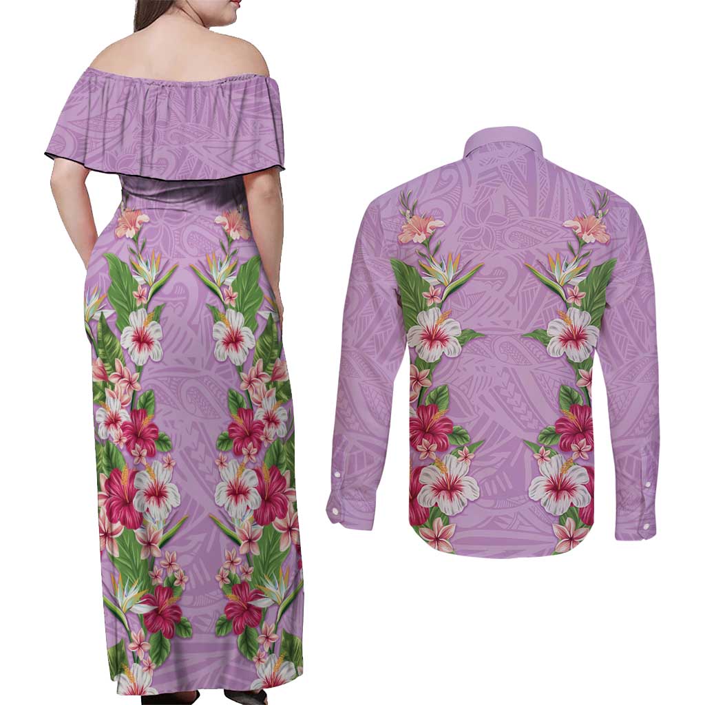 Hawaii Tropical Flowers Couples Matching Off Shoulder Maxi Dress and Long Sleeve Button Shirt Lavender Polynesian Tattoo Art LT05 - Polynesian Pride