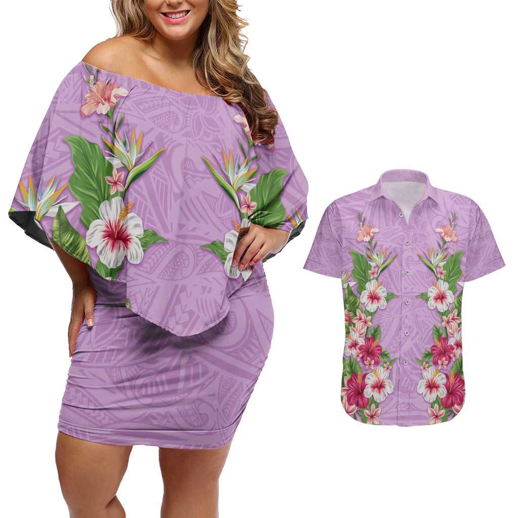Hawaii Tropical Flowers Couples Matching Off Shoulder Short Dress and Hawaiian Shirt Lavender Polynesian Tattoo Art LT05 Lavender - Polynesian Pride