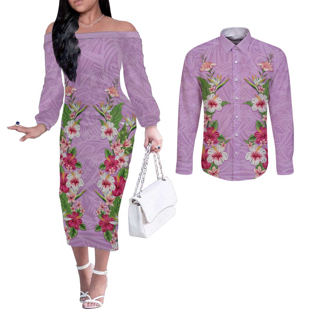Hawaii Tropical Flowers Couples Matching Off The Shoulder Long Sleeve Dress and Long Sleeve Button Shirt Lavender Polynesian Tattoo Art LT05 Lavender - Polynesian Pride