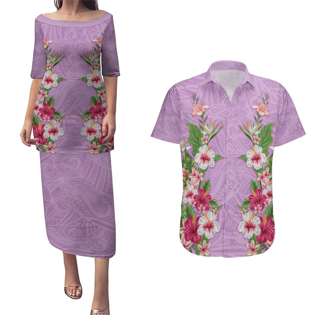 Hawaii Tropical Flowers Couples Matching Puletasi and Hawaiian Shirt Lavender Polynesian Tattoo Art LT05 Lavender - Polynesian Pride
