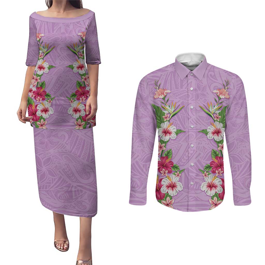 Hawaii Tropical Flowers Couples Matching Puletasi and Long Sleeve Button Shirt Lavender Polynesian Tattoo Art LT05 Lavender - Polynesian Pride