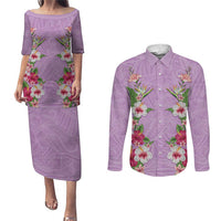 Hawaii Tropical Flowers Couples Matching Puletasi and Long Sleeve Button Shirt Lavender Polynesian Tattoo Art LT05 Lavender - Polynesian Pride