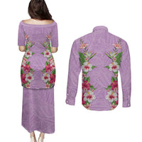Hawaii Tropical Flowers Couples Matching Puletasi and Long Sleeve Button Shirt Lavender Polynesian Tattoo Art LT05 - Polynesian Pride