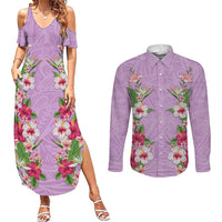 Hawaii Tropical Flowers Couples Matching Summer Maxi Dress and Long Sleeve Button Shirt Lavender Polynesian Tattoo Art LT05 Lavender - Polynesian Pride