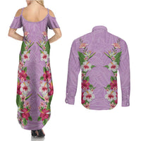 Hawaii Tropical Flowers Couples Matching Summer Maxi Dress and Long Sleeve Button Shirt Lavender Polynesian Tattoo Art LT05 - Polynesian Pride