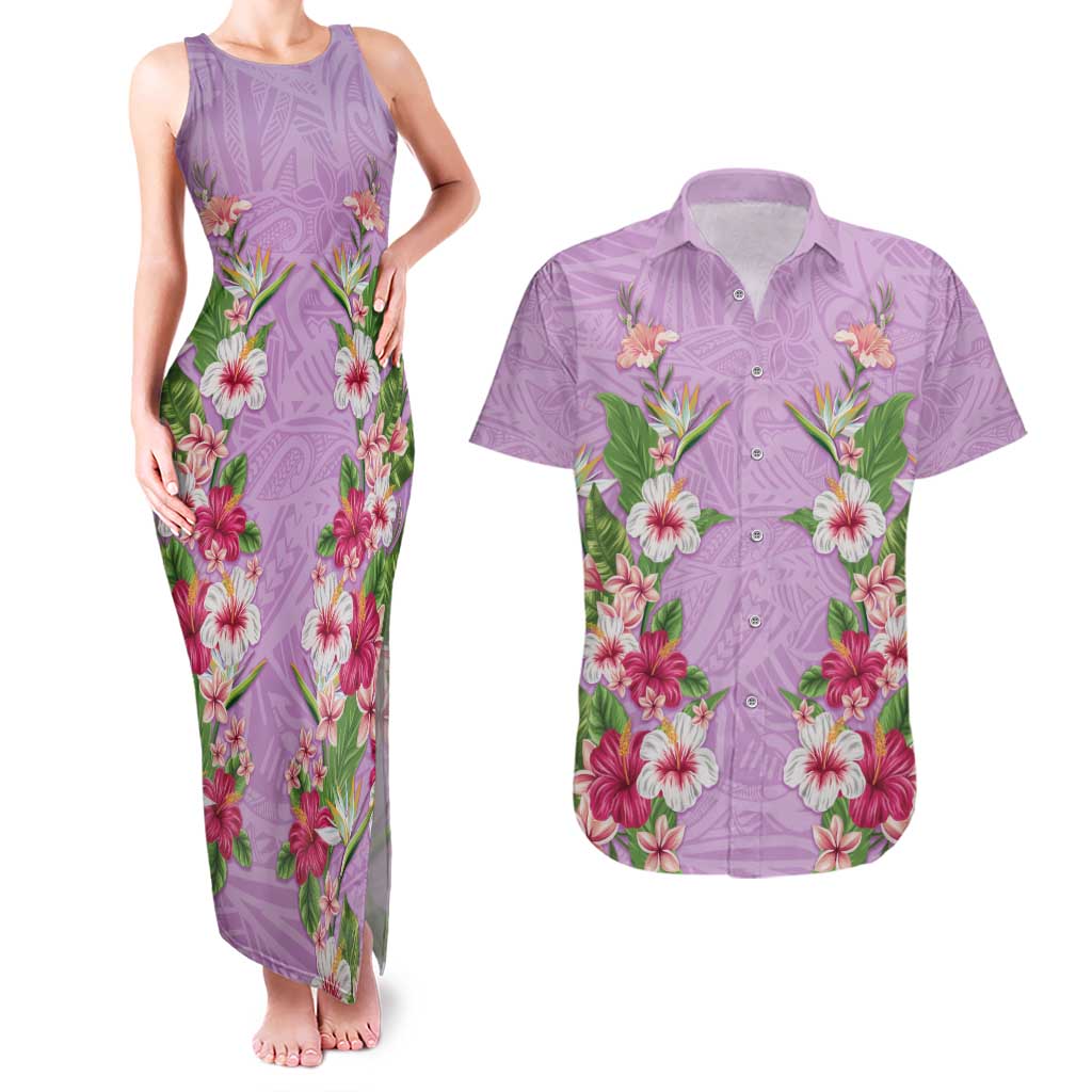 Hawaii Tropical Flowers Couples Matching Tank Maxi Dress and Hawaiian Shirt Lavender Polynesian Tattoo Art LT05 Lavender - Polynesian Pride