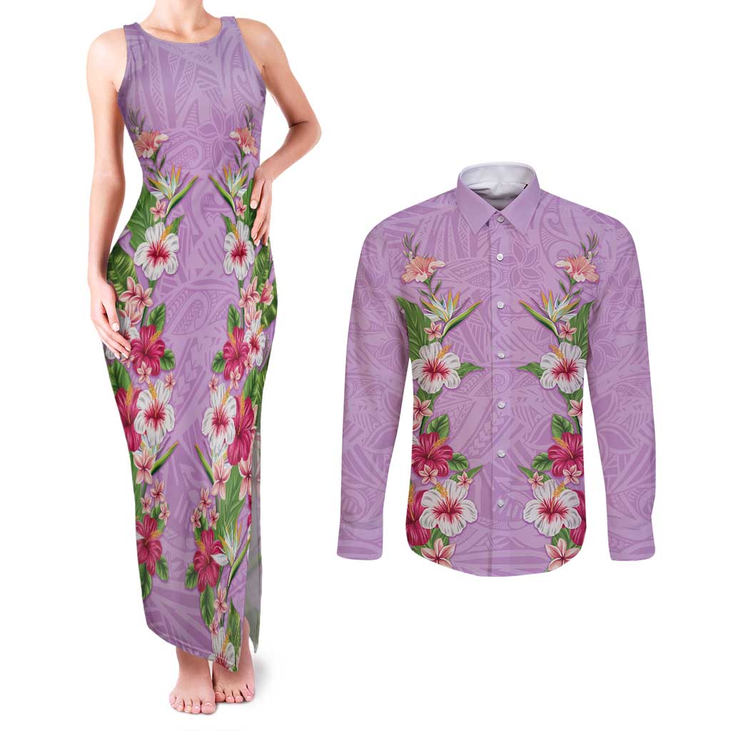 Hawaii Tropical Flowers Couples Matching Tank Maxi Dress and Long Sleeve Button Shirt Lavender Polynesian Tattoo Art LT05 Lavender - Polynesian Pride