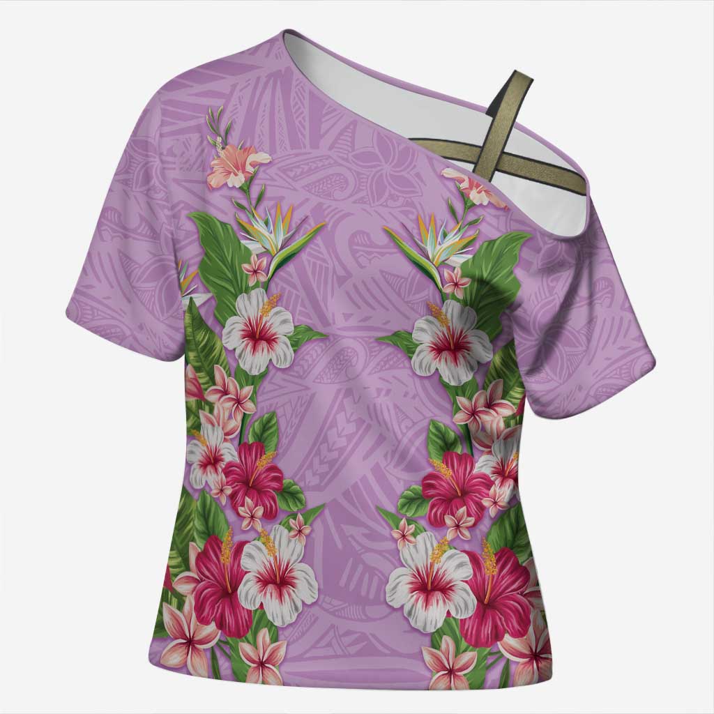 Hawaii Tropical Flowers Cross Shoulder Shirt Lavender Polynesian Tattoo Art LT05 Female Lavender - Polynesian Pride