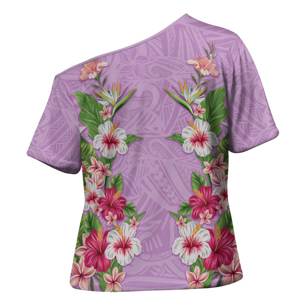Hawaii Tropical Flowers Cross Shoulder Shirt Lavender Polynesian Tattoo Art LT05 - Polynesian Pride