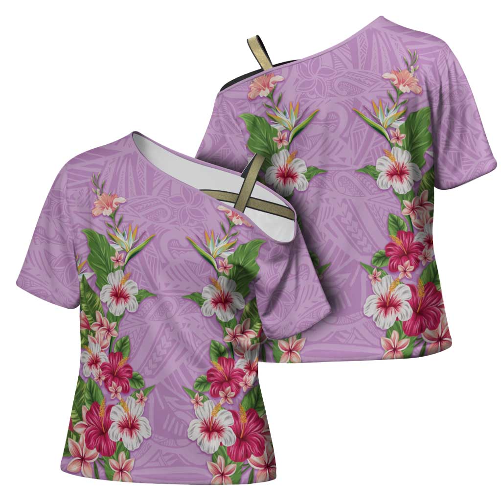 Hawaii Tropical Flowers Cross Shoulder Shirt Lavender Polynesian Tattoo Art LT05 - Polynesian Pride