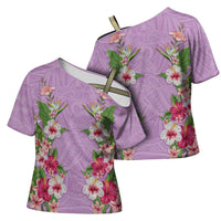 Hawaii Tropical Flowers Cross Shoulder Shirt Lavender Polynesian Tattoo Art LT05 - Polynesian Pride