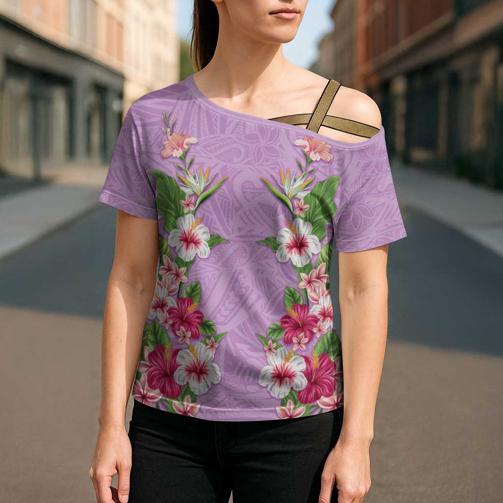 Hawaii Tropical Flowers Cross Shoulder Shirt Lavender Polynesian Tattoo Art LT05 - Polynesian Pride