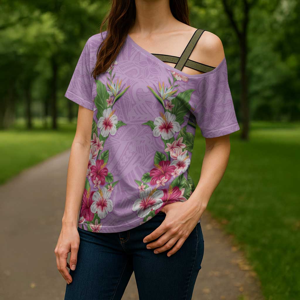 Hawaii Tropical Flowers Cross Shoulder Shirt Lavender Polynesian Tattoo Art LT05 - Polynesian Pride