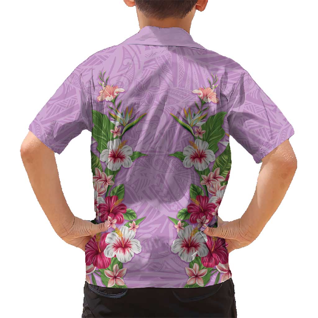 Hawaii Tropical Flowers Family Matching Long Sleeve Bodycon Dress and Hawaiian Shirt Lavender Polynesian Tattoo Art