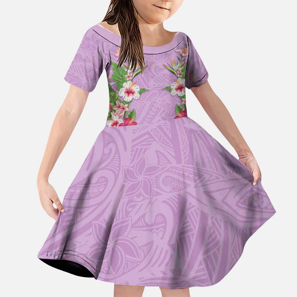 Hawaii Tropical Flowers Family Matching Long Sleeve Bodycon Dress and Hawaiian Shirt Lavender Polynesian Tattoo Art