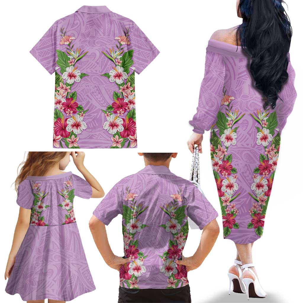 Hawaii Tropical Flowers Family Matching Off The Shoulder Long Sleeve Dress and Hawaiian Shirt Lavender Polynesian Tattoo Art